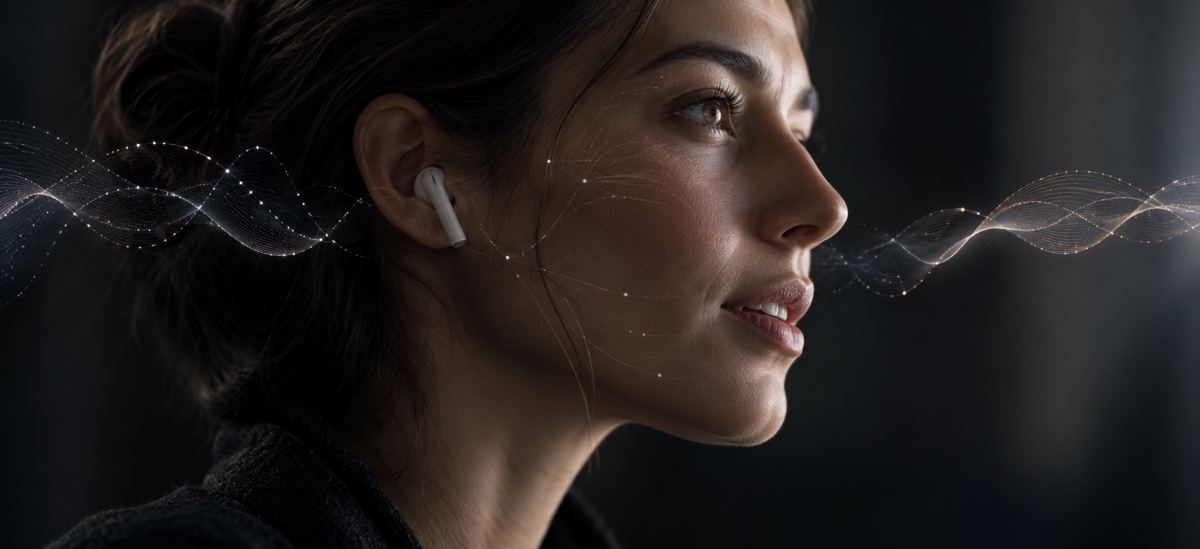 Volto con auricolare e onde sonore, simbolo dell’interazione tra Apple e Q.ai